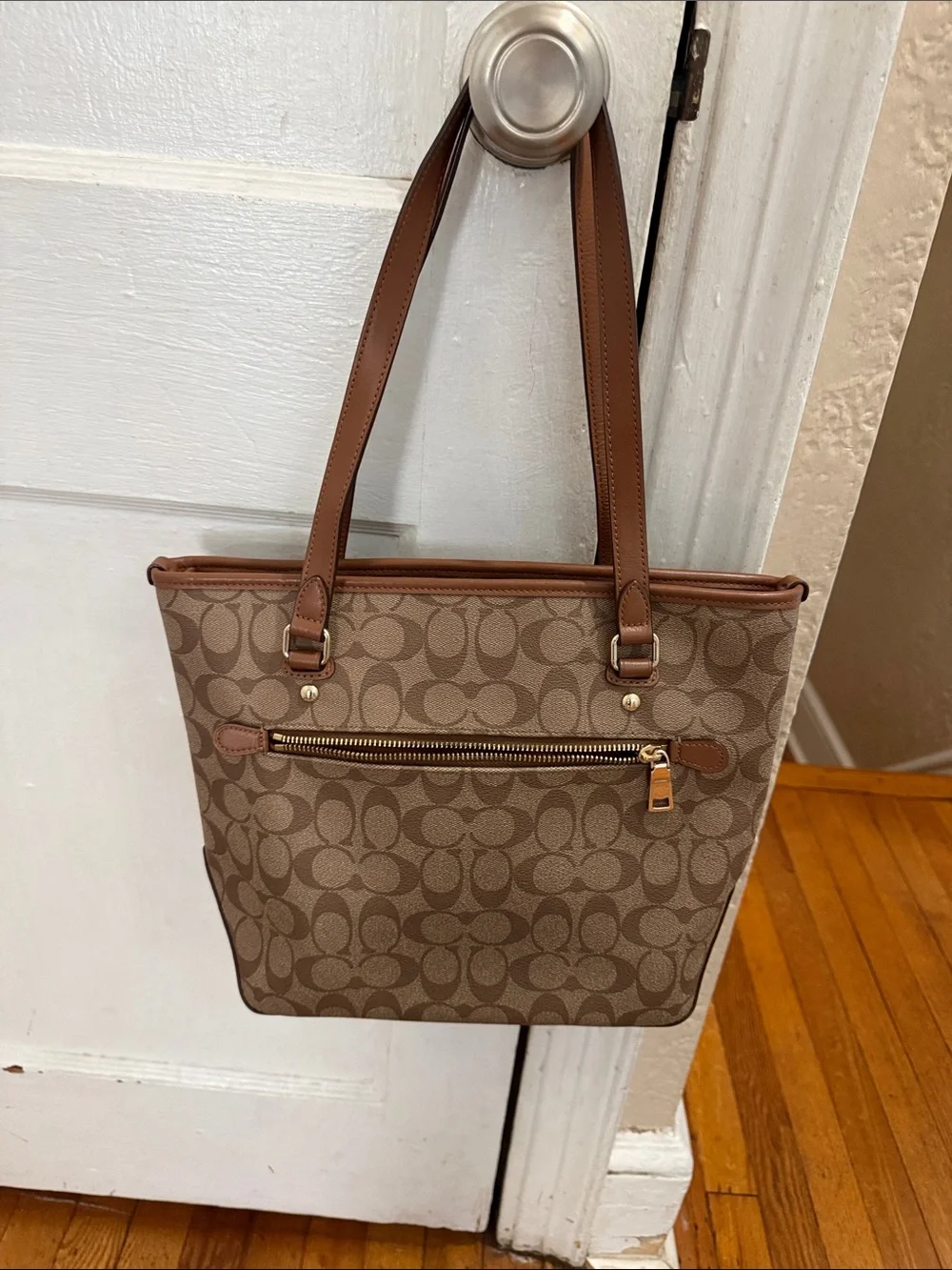 COACH Tan/Brown Signature Canvas Tote with Leather Trim